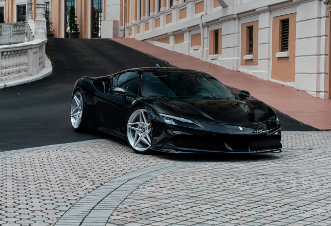 Обои картинки фото автомобили, ferrari, front, black, road, supercar, sf90