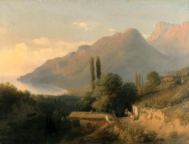Обои картинки фото лев лагорио, рисованное, горы, море, селение