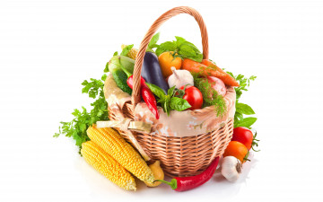 обоя еда, овощи, баклажан, морковь, чеснок, зелень, перец, корзинка, помидоры, кукуруза