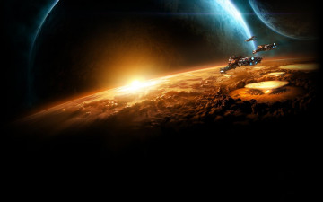 Картинка космос арт космический корабли рассвет планета