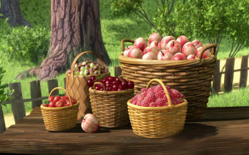 Картинка мультфильмы маша медведь яблока вишня корзины малина стол