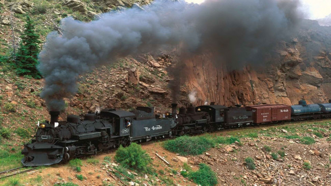 Обои картинки фото техника, паровозы, вагоны, рельсы, дым, паровоз