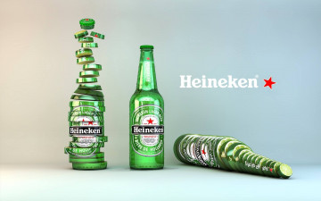 обоя heineken, бренды, зеленый, лимон, дольки, бутылка, этикетка, пиво