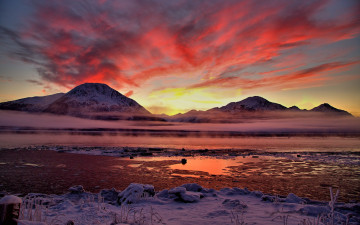 Картинка природа восходы закаты снег вода равнина горы тучи трава заря