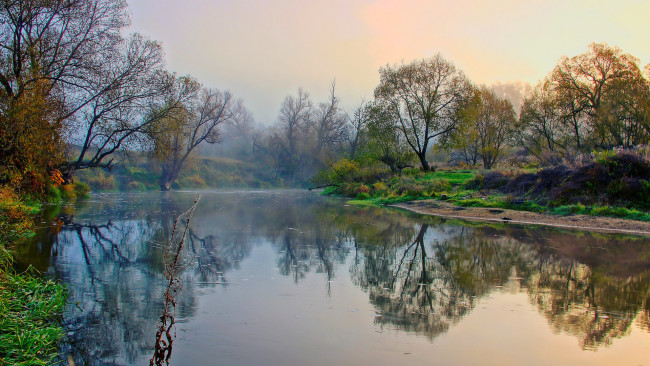 Обои картинки фото природа, реки, озера, туман, деревья, берега, река, осень