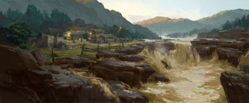 Картинка рисованные живопись дома пейзаж водопад река горы