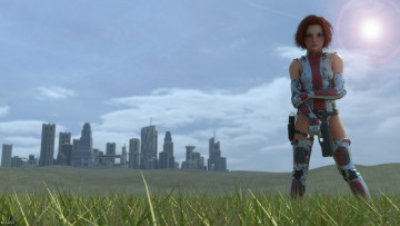 Картинка 3д+графика fantasy+ фантазия взгляд оружие девушка поле город