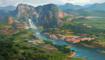 Картинка рисованные живопись пейзаж водопад река горы