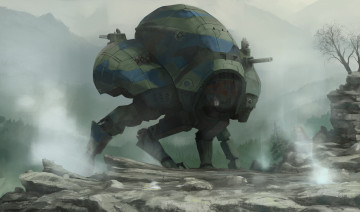 Картинка фэнтези роботы +киборги +механизмы орудия горы робот башни