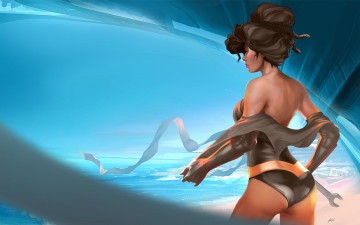Картинка рисованные люди волосы небо спина девушка песок море перчатки гаечный ключ профиль