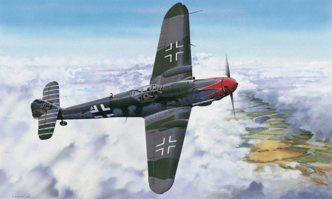 Обои картинки фото рисованные, авиация, war, ww2, painting, drawing, bf, 109, art, german, fighter