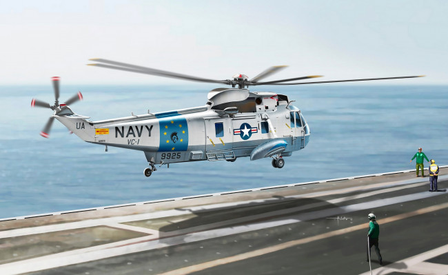 Обои картинки фото рисованные, авиация, море, вертолет, палуба