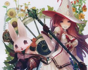 Картинка аниме животные +существа цветы улыбка заяц посох shingeki no bahamut bimo tachikawa mushimaro арт шляпа девушка