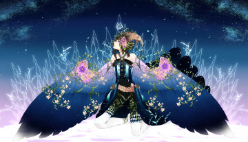 Картинка аниме животные +существа цветы небо листья рога крылья коса корона девушка