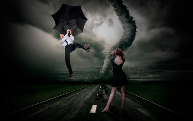 Обои картинки фото юмор и приколы, смерч, полёт, зонт, парень, девушка, торнадо