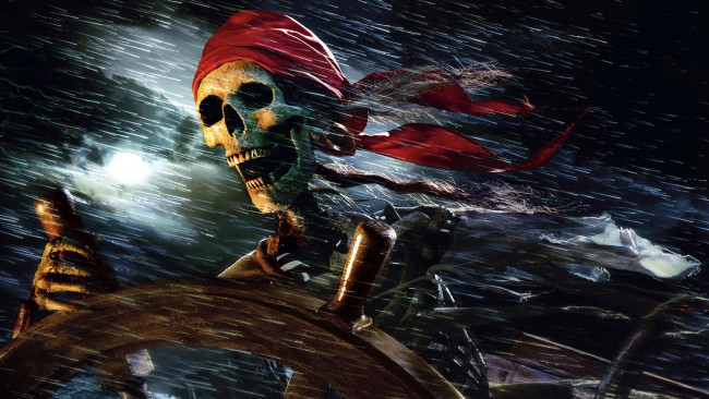 Обои картинки фото кино фильмы, pirates of the caribbean,  dead men tell no tales, череп, штурвал, шторм, бандана