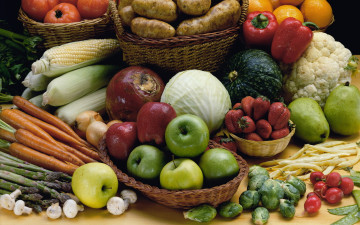 обоя еда, фрукты и овощи вместе, картошка, кукуруза, спаржа, яблоки, клубника