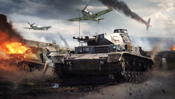 обоя видео игры, war thunder, самолеты, танки, дым, огонь, война