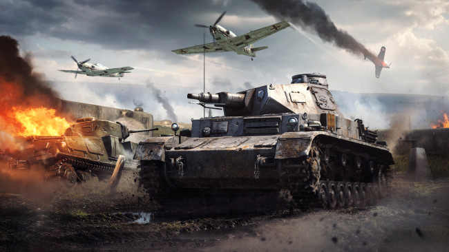 Обои картинки фото видео игры, war thunder, самолеты, танки, дым, огонь, война