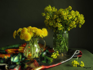 Картинка авт margarita epishina цветы разные вместе платок банка графин сурепка стол одуванчики