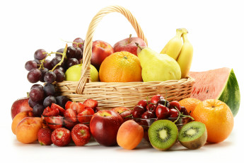 Картинка еда фрукты ягоды киви виноград яблоки груши абрикосы арбуз бананы апельсины черешня клубника корзинка