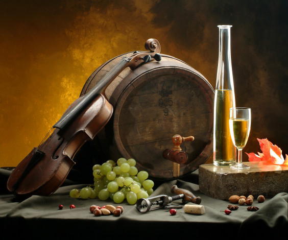 Обои картинки фото еда, напитки, вино, виноград, натюрморт, скрипка