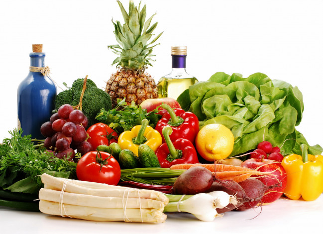 Обои картинки фото еда, фрукты, овощи, вместе, перец, помидор, масло, лимон, виноград, ананас, томаты