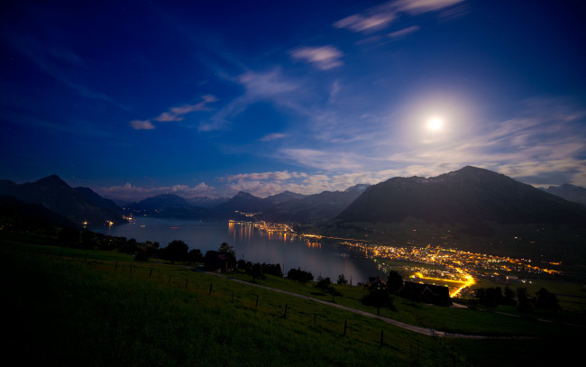 Обои картинки фото lake, lucerne, switzerland, природа, пейзажи, швейцария, озеро, горы, ночь