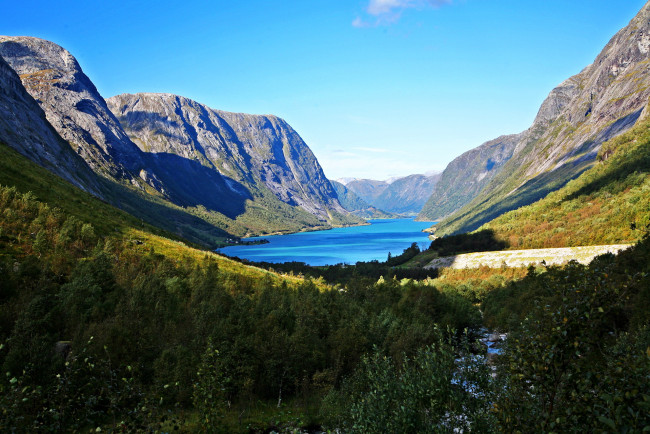 Обои картинки фото норвегия, jostedalsbreen, national, park, природа, реки, озера, деревья, горы, озеро