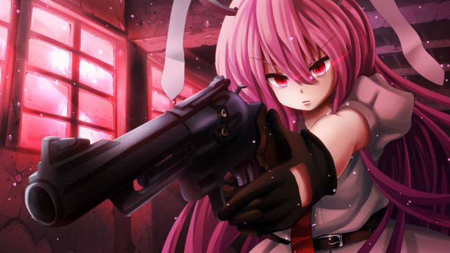 Обои картинки фото аниме, touhou, розовые, волосы, пистолет, девушка