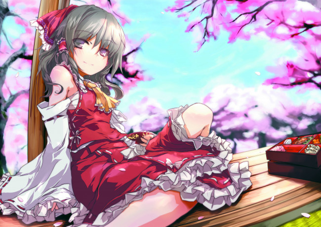 Обои картинки фото аниме, touhou, девушка, небо, цветущие, деревья, арт