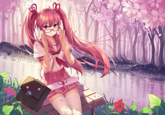 Картинка аниме vocaloid девушка арт река парк очки взгляд sakura miku haraguroi you цветы hatsune сумка портфель скамья деревья
