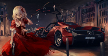 Картинка аниме touhou кристалл револьвер оружие крылья демон ночь девушка техника машина дорога здания улицы город flandre scarlet rook777 terabyte