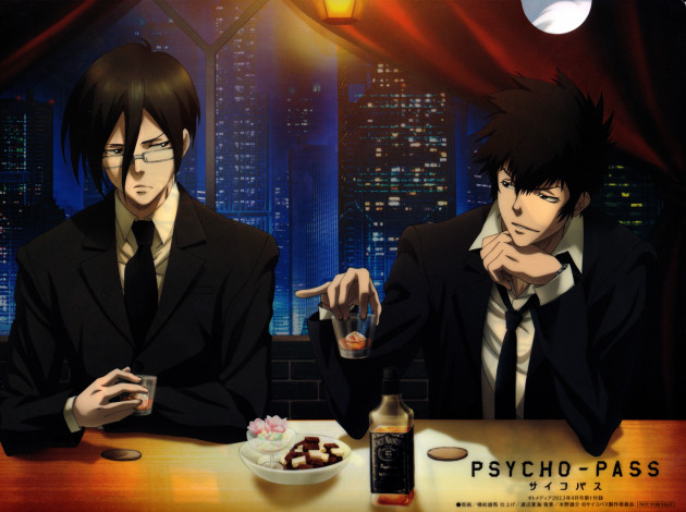 Обои картинки фото аниме, psycho-pass, shinya, kougami, двое, бар, очки, костюм, ночь, небоскребы, ginoza, nobuchika