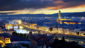 обоя города, флоренция , италия, огни, вечер, панорама, мосты, река