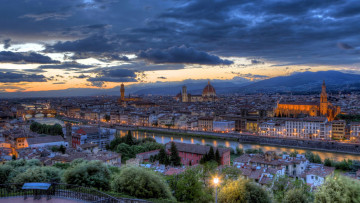 обоя города, флоренция , италия, река, панорама, облака