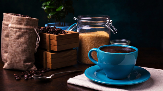 Обои картинки фото еда, кофе,  кофейные зёрна, зерна, сахар