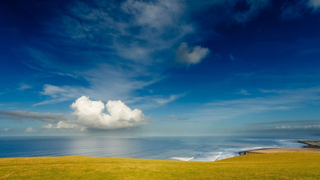 Обои картинки фото природа, побережье, море, поле, облака, небо, берег