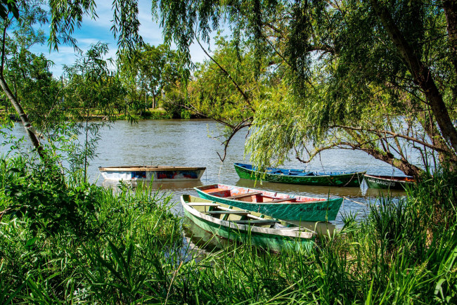 Обои картинки фото корабли, лодки,  шлюпки, река, заводь, деревья