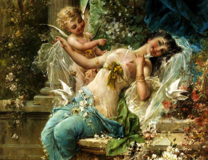 обоя рисованное, hans zatzka, девушка, стрела, купидон, голубь, цветы