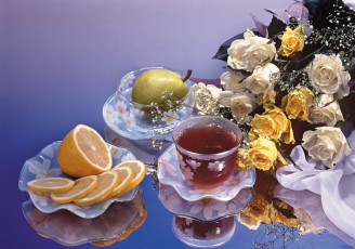 обоя еда, напитки, Чай, лимон, груша, чай, букет, розы, цветы