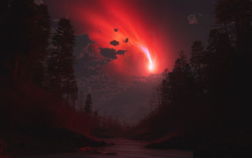 Картинка 3д графика atmosphere mood атмосфера настроения ночь речка комета сияние лес