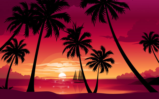 Обои картинки фото векторная, графика, море, пляж, природа, пальмы