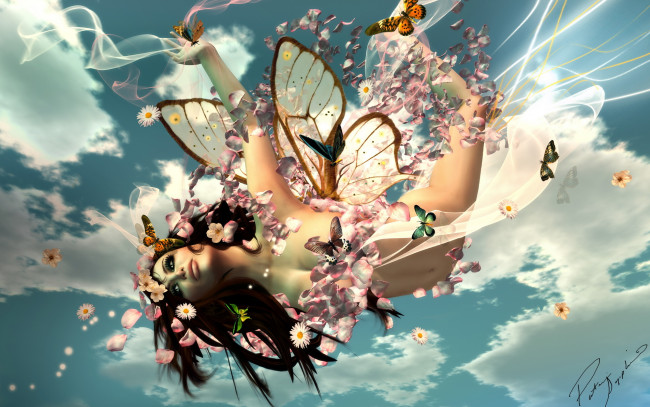 Обои картинки фото 3д, графика, fantasy, фантазия, цветы, бабочки, рендеринг, девушка