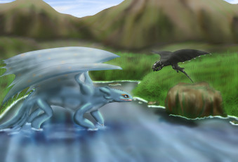 Картинка рисованные животные сказочные мифические река драконы