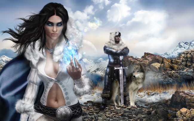 Обои картинки фото 3д графика, фантазия , fantasy, меч, волк, девушка, магия