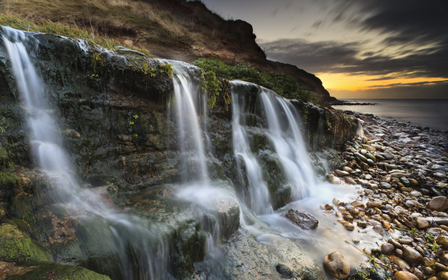 Обои картинки фото природа, водопады, osmington, mills, waterfall, jurassic, coast, dorset, sunrise, sunset