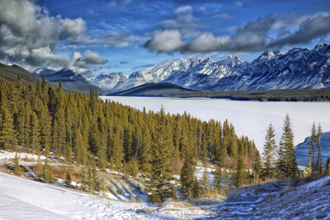 Обои картинки фото природа, зима, снег, лес, горы