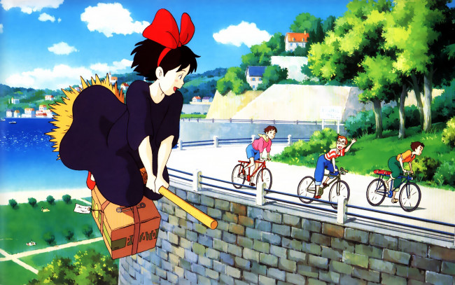 Обои картинки фото служба доставки кики, аниме, kiki`s delivery service, метла, город, полёт, коасный, бант, девочка, ведьма, мальчишки