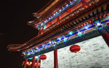 обоя города, пекин , китай, крыша, огни, пагода